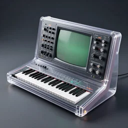 retro futuristic analog synthesizer with a patch board and crt screen in a polycarbonate case with a curved keyboard