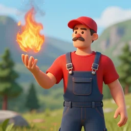 a man wearing a red shirt, red cap, throwing fire by the hand, overalls, outside mountain trees, moustache, photo, 3 d render