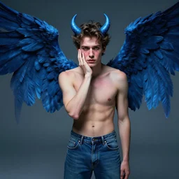 wide angle full body portrait of Daniel Sharman with blue devil wings and jeans, dramatic photography, dramatic facial expression, tears, hand on his cheek, soft skin, soft blush, intricate, ethereal, highly detailed, high resolution, 8K resolution, sharp focus, Unreal engine 5, smooth, art by J. C. Leyendecker