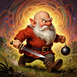 bald gnome with big white beard holding a dagger and bomb running through a field looking angry., lord of the rings, tolkien, matte painting concept art, baroque, beautifully backlit, swirly vibrant color lines, fantastically gaudy, aesthetic octane render, 8 k hd resolution, by caravaggio and diego velazquez