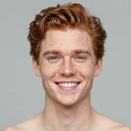 handsome, very pale, smiling, 30 year old ginger man with short wavy hair, blue eyes, small nose, thin lips, white teeth, small ears, upper body photograph