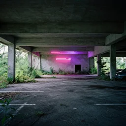 a farm inside an abandoned car parking building, concrete, overgrown plants, neon, photo by greg girard