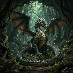 dragon, an overgrown forest, ,vine-covered cave entrance in shadow, Ironshod, in Peter Elson color scheme, featured in artstation, octane render, cinematic, elegant, intricate, 8k