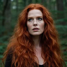 a beautiful medium - shot stil of a sexy redhair witch looking off into the distance, long curvy hairs, beautiful eyes and face, natural soft light failing on her face, by annie leibowitz + primordial magic forrest