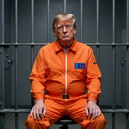 portrait photo of donald trump sitting in a jail cell wearing an orange jumpsuit, studio lighting, key light, 8 k, 8 5 mm f 1. 8