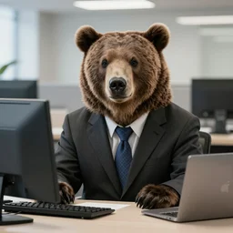 A photo of a grizzly bear in a business suit working in a corporate office, 4K, realistic,