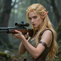 a beautiful female blonde elf holding a sniper rifle, urban fantasy, forest background, digital art, highly detailed, by greg rutkowski, by larry elmore, by chris achilleos, trending on artstation