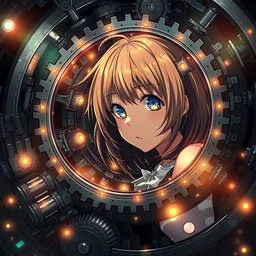 brutal illustration of anime girl being consumed by an endless spiral of gears and industrial lights, decimated by the machine, beautiful upper body shot, pretty!! face!!! and eyes!!! by davinci, scenic high - tech environment, bloom effect, lens flares, pixiv contest winner,