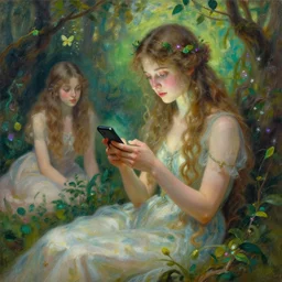 fantasy nature goddess checking her phone, painting by josephine wall, magic realism, huang guangjian, amanda sage, viktoria gavrilenko