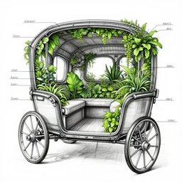 annotated highly, detailed and intricate, sketch of the inside of a carriage cabin full of green plants, marker concept art style rendering, concept art, half blueprint, trending on artstation, intricate details, center frame, annotations