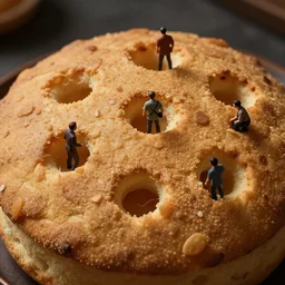 high quality close - up photo of giant crumpet, tiny people coming out of the crumpet holes, highly detailed, cinematic lighting, ricardo bofill anka zhuravleva, dramatic lighting, top shot, uhd 8 k, shallow depth of field