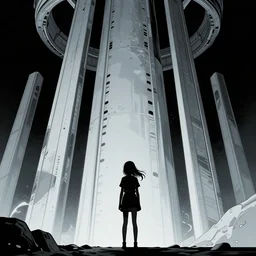comic book illustration, a young girl stands looking at a strange, very tall structure hovering 10 feet above the ground, scorched and cracked earth is below it, cyberpunk concept art by Moebius and Alphonse Mucha, highly detailed, intricate, sci-fi, sharp focus, Trending on Artstation HQ, deviantart