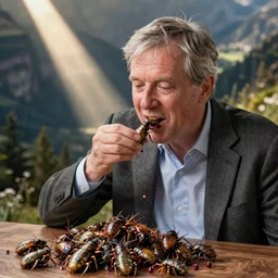 Enthusiastic Klaus Schwab eating disgusting bugs