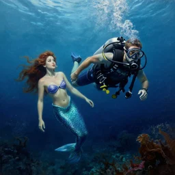 old drawing of a scuba diver swimming with a beautiful mermaid underwater, under water scenery, dramatic lighting, intense, epic, hyperrealistic drawing, greg rutzowitzky, artstation