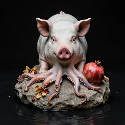 sculpture of a pig - cephalopod and a pomegranate, photorealistic, centred, wilted flowers, black background, mounted on stone, black flood waters, zen, by bob eggleton, trending on artstation