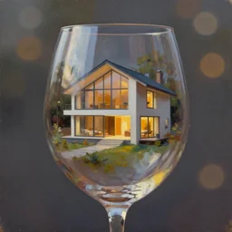 a modern house inside a wine glass, bokeh, studio lighting, concept art, digital painting, oil painting, hyperrealistic, beautiful, highly detailed, artstation, cgsociety