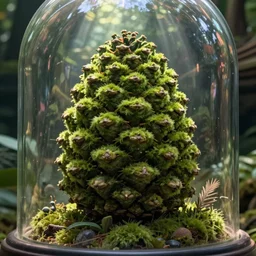 matte painting of the oversized fluffy moss green pinecone, big, in frame, in focus! found in a glass dome in an abandoned jungle temple. detailed concept art by stephan martiniere, hayao miyazaki, jorge jacinto. volumetric lighting, god rays, atmospheric, mysterious, sense of awe. trending on behance, award - winning