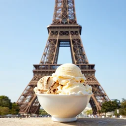 There is a bowl of ice cream, and it is sitting on top of the Eiffel Tower in Paris.