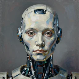 high quality high detail painting by lucian freud, hd, portrait of futuristic highly detailed symmetrical robot, photorealistic lighting