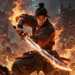 a samurai wielding his sword in flames, epic fantasy art, cinematic atmosphere, action, high detail, ultra realistic, hyper realistic, photo realistic, trending on artstation, deviantart, 4 k uhd,