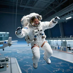 ultra wide shot of pete davison experiencing zero gravity while riding inside blue origin