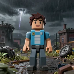a boy in the middle of a thunderstorm, un roblox 2006,8k, in a post apocalyptic setting, ghibli, unreal 5, DAZ, hyperrealistic, octane render, RPG portrait, dynamic lighting