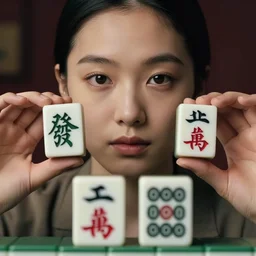 young and beautiful Asian woman close up shots , symmetrical face, with hands holding 2 Chinese Mahjong tiles, patterns facing to audience, painted by Kerry James Marshall and Vermeer, cinematic lighting of movies directed by Wong Kar Wei, Stanley Kubricks.