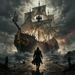 tarrasque walking towards a galleon in the middle of a cataclysm, dramatic lighting, terrifying, d & d, epic, fantasy, artstation, 4 k