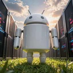 the android robot works in the data center closeup macro face, cinematic view, epic sky, detailed, concept art, low angle, high detail, warm lighting, volumetric, godrays, vivid, beautiful, trending on artstation, by jordan grimmer, huge scene, grass, art greg rutkowski