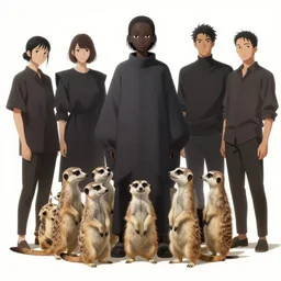 pretty black model, with meerkats : : by martine johanna and simon stalenhag and chie yoshii and casey weldon and wlop : : ornate, dynamic, particulate, rich colors, intricate, elegant, highly detailed, vogue, harper's bazaar art, fashion magazine, smooth, sharp focus, 8 k, octane render,