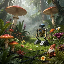 a lot of jungle flowers and plants + poison toxic mushrooms surrounded by cables + long grass + broken droid + garden dwarf + mystic fog, line drawing, no - shadow, black and white, by makoto shinkai takashi takeuchi studio ghibli, akihiko yoshida, 5 0's vintage sci - fi style, rule of third!!!!