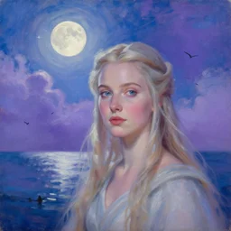 a beautiful painting portrait of galadriel beautiful and fair skin, art of alena aenami, featured on artstation, vertical orientation, paint brush strokes, expressionism, brushstroke - laden, breathtaking clouds, birds, ocean, beautiful stars, long exposure, big moon radius, airy midnight theme, blue purple gradient, lens flare
