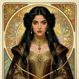 head-on symmetrical centered painted portrait, Mahira Khan as a mage, black hair, ornate mage robe, art nouveau, tarot card style, medieval robes, fantasy, intricate, elegant, highly detailed, smooth, sharp focus, illustration, artstation, in the style of Artgerm and Anna Podedworna and Alex Ross and Mucha
