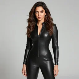 Beautiful photograph of Deepika Padukone wearing a black leather bodysuit by Tom Ford, Vogue Korea editorial shot by Mert and Marcus, detailed face 8k UHD XL resolution, vibrant color scheme, highly detailed, in the style of cinematic, artstation, Greg rutkowski