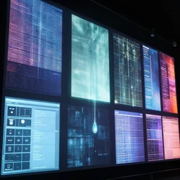 large cyberscreens projecting beautiful varied reference sheets, floating translucent graphics, dripping light drops, perfect lighting pixel sorting