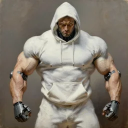 robot  muscular bodybuilder and wearing a white hoodie , heavy texture natural rembrandt oil painting , aggressive pose
