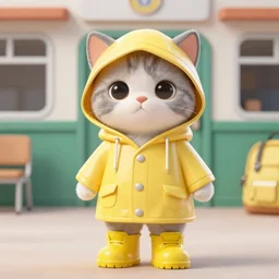 anthropomorphic cute kitten wearing a yellow raincoat and yellow boots standing by the school bus on the first day of kindergarten, with colorful fall leaves and light rain