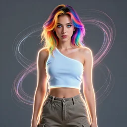 a award winning portrait of a beautiful woman with stunning eyes in a one off shoulder croptop and cargo pants with rainbow colored hair, outlined by whirling illuminated neon lines and fine lines swirling in circles by james gilleard, digital art, trending on artstation