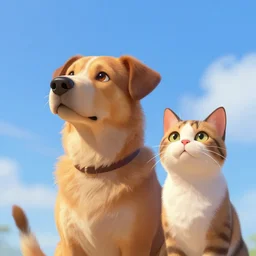 A dog and cat stare intently towards the sky, digital art, artstation, Mandy Jurgens, CGSociety, WLOP