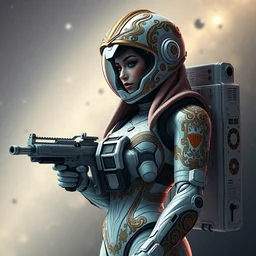 sexy astronaut ornate feminine cyborg in full body skin space suit, arab helmet, concept art, joshua rife, gun, intricate, highlydetailed, space background, artstation 4 k raytracing, shadows, highlights, illumination