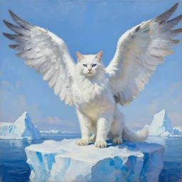 highly detailed painting of white giant griffon cat bears with large feathered wings on a blue and white iceberg by william turner, by greg rutkowski, by william constable, thick brush strokes and visible paint layers, 4 k resolution