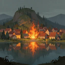 A village by a lake of fire, concept art, matte painting, by Greg Rutkowski, artstation