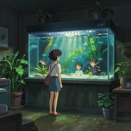 beautiful scene render of a person watching in the aquarium, dimly lit bedroom, green plants, perfectly shaded, atmospheric lighting, style of makoto shinkai and peter mohrbacher, studio ghibli. artgerm, karol bak, beeple, animation style, 8 k hd, ultra wide angle, hyper detailed