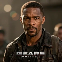 Jamie Foxx as Django from Django Unchained in 'Gears of War', splash art, movie still, cinematic lighting, detailed face, dramatic, octane render, long lens, shallow depth of field, bokeh, anamorphic lens flare, 8k, hyper detailed, 35mm film grain