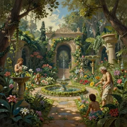 hyperdetailed painting of the garden of eden, epic, rendered in octane, painted by alan lee, moebius, giovanni ghisolfi and jan baptist