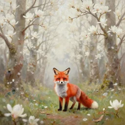 cute small red fox in the middle of a white magnolia forest, wide shot, fantasy, oil on canvas