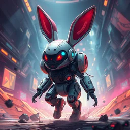 an anthropomorphic rabbit robot with human characteristics, in a futuristic arena, digital art, epic composition, fantasy cyberpunk, explosion of color, highly detailed, in the style of john stone, trending on artstation, in the style of jakub rebelka, in the style of jake parker, swirly vibrant colors, sharp focus