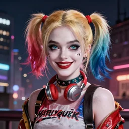 lofi biopunk portrait of harley quinn, night city background, Pixar style, by Tristan Eaton Stanley Artgerm and Tom Bagshaw.