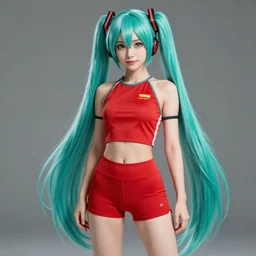 hatsune miku wearing crop red gym top, crop red yoga short, Advertising photography by Mario Testino, masterwork, cgstudio