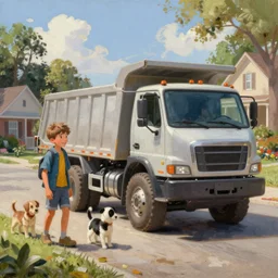classic oil painting, a boy and his dump truck, as a dnd character, sunny suburban street with homes and trees and puppies, constructioncore, highly detailed, digital illustration, concept art, smooth, sharp focus, art by greg hildebrandt, and tim hildebrandt